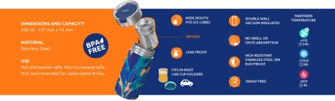 Quokka Boost Coffee Tumbler - Kubek termiczny ze stali nierdzewnej z zaparzaczem 400 ml (Bue Jungle)