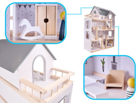 Domek dla lalek drewniane mebelki 80cm biały szary