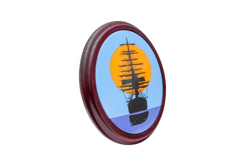 Piękny żaglowiec na tle zachodzącego słońca - 18,5cm x 14,5cm - szyld emaliowany, oprawa drewniana ZAG1