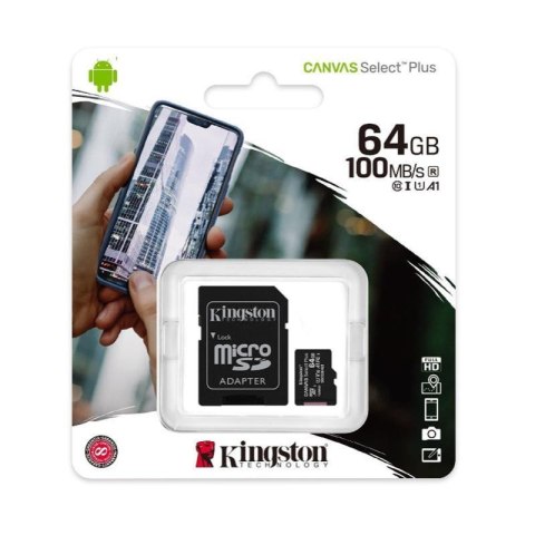 Kingston Canvas Select Plus MicroSDXC - Karta pamięci 64 GB A1 Class UHS-I U1 V10 100 MB/s z adapterem