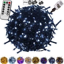 Lampki 100 LED zimne białe 10m zielony kabel IP44 pilot i programator