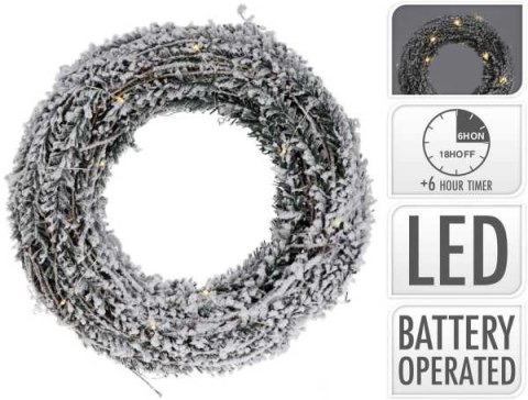 Wieniec 20 LED wianek świąteczny 30 cm zielony ze sztucznym śniegiem na baterie timer