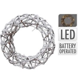 Wieniec świąteczny 15 LED wianek z rattanu 30 cm brązowy ze sztucznym śniegiem