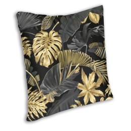 Poszewka na poduszkę 45x45 cm - czarno-złota DUŻE LIŚCIE