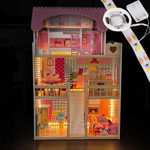 Domek dla lalek drewniany Led XXXL 60x33x90 cm - 3 lalki , kotek i piesek