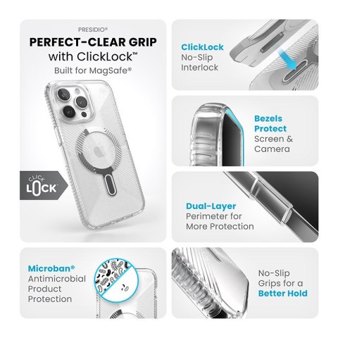 Speck Presidio Perfect-Clear Grip ClickLock & MagSafe - Etui iPhone 15 Pro Max (Clear / Chrome Finish / Serene Silver)