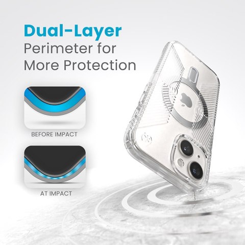 Speck Presidio Perfect-Clear Grip ClickLock & MagSafe - Etui iPhone 15 / iPhone 14 / iPhone 13 (Clear / Chrome Finish / Serene S