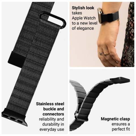Crong Eclipse - Skórzany pasek magnetyczny Apple Watch 42/44/45/49 mm (czarny)