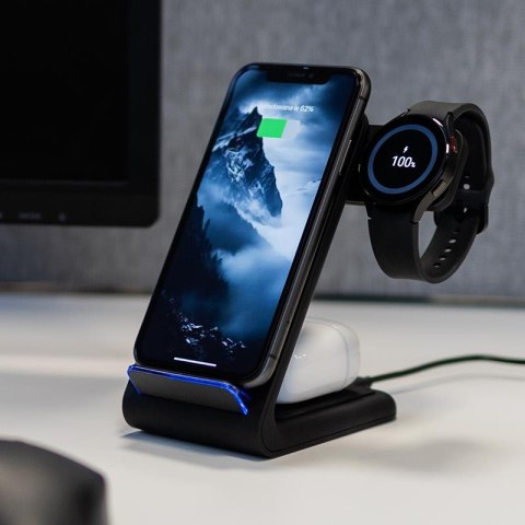 Crong PowerSpot Pivot Stand - Ładowarka bezprzewodowa 3w1 do Samsung & Android, Galaxy Watch i słuchawek TWS (czarny)