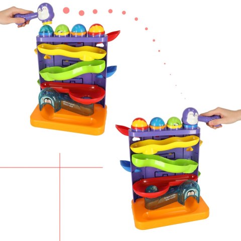 Tor kulkowy interaktywny kulodrom wbijak kulek z młoteczkami 3w1 pingwin + autko