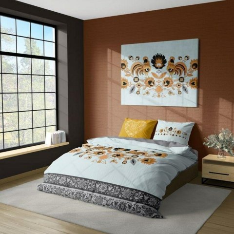 Pościel bawełniana 160x200 Folk 08 Łowicka Wycinanka koguty błękitna szara żółta kurpiowska folkowa