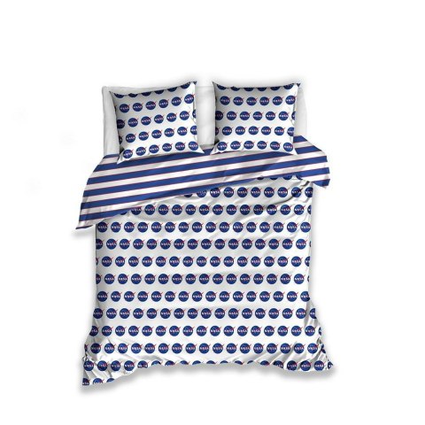 Pościel satynowa 160x200 Nasa kosmos dla miłośników astronautyki pasy logo biała niebieska 2 poszewki 70x80 młodzieżowa