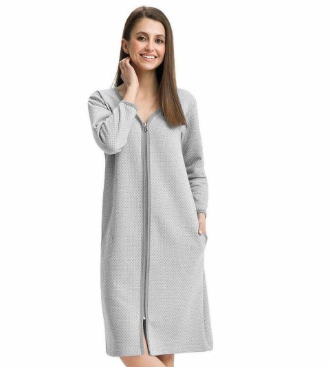 Szlafrok damski 214 XXL szary podomka na suwak z kieszeniami z wytłaczanym wzorem bawełniany rękaw 7/8