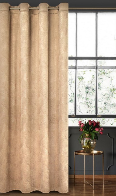 Zasłona 140x250 Goja beżowa welurowa liście miłorzębu na przelotkach Pierre Cardin z błyszczącym nadrukiem Eurofirany