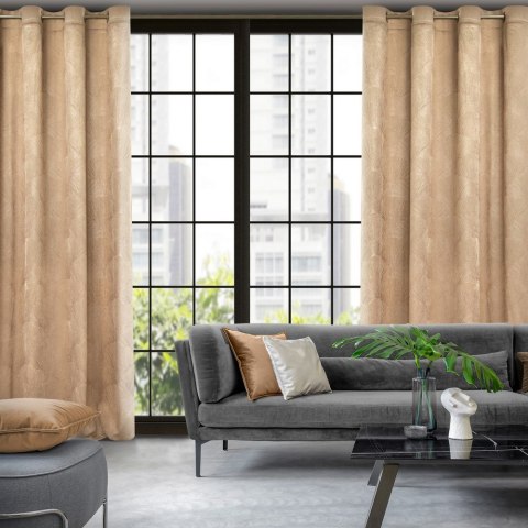 Zasłona 140x250 Goja beżowa welurowa liście miłorzębu na przelotkach Pierre Cardin z błyszczącym nadrukiem Eurofirany