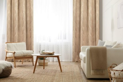 Zasłona 140x250 Goja beżowa welurowa liście miłorzębu na przelotkach Pierre Cardin z błyszczącym nadrukiem Eurofirany