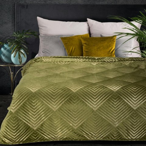 Koc narzuta z mikrofibry 150x200 Victoria 3 oliwkowy złoty geometryczny Eurofirany
