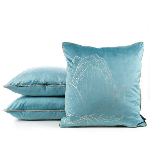Poszewka dekoracyjna 45x45 Lotos 7 turkusowa ze złotym nadrukiem kwiatka welurowa Limited Collection Eurofirany