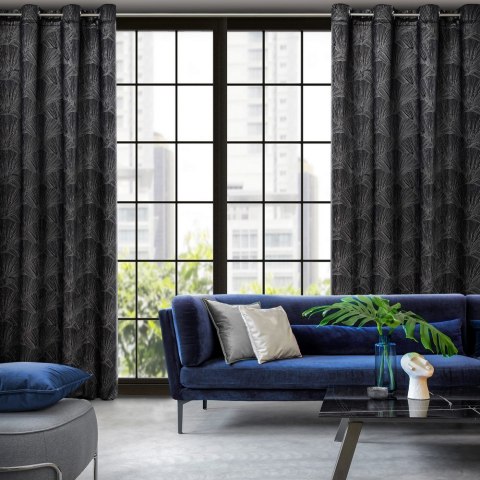 Zasłona 140x250 Goja czarna welurowa liście miłorzębu na przelotkach Pierre Cardin z błyszczącym nadrukiem Eurofirany