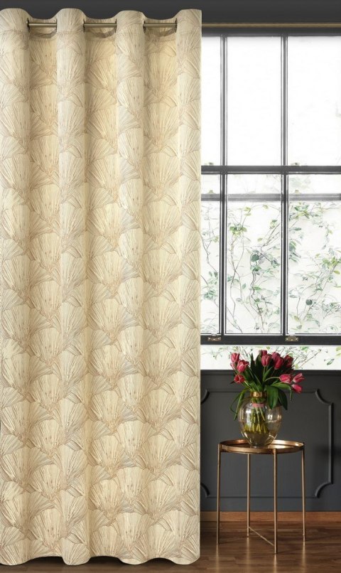 Zasłona 140x250 Goja kremowa welurowa liście miłorzębu na przelotkach Pierre Cardin z błyszczącym nadrukiem Eurofirany