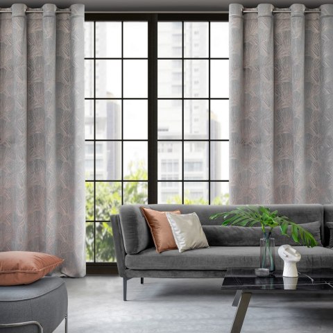 Zasłona 140x250 Goja srebrna welurowa liście miłorzębu na przelotkach Pierre Cardin z błyszczącym nadrukiem Eurofirany