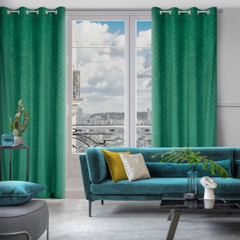 Zasłona 140x250 Julia zielona ciemna gotowa na przelotkach welurowa z wytłaczanym geometrycznym wzorem wachlarzy Eurofirany
