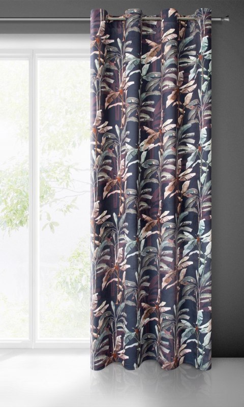 Zasłona 140x250 Nikola grafitowa zielona liście bananowca welurowa gotowa na przelotkach Eurofirany