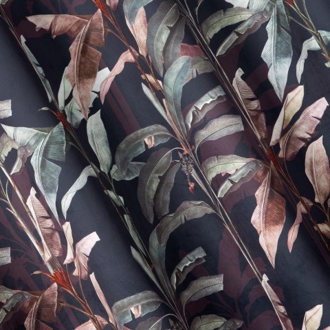 Zasłona 140x250 Nikola grafitowa zielona liście bananowca welurowa gotowa na przelotkach Eurofirany