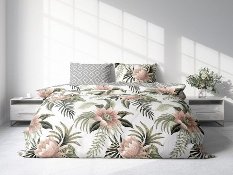 Pościel bawełniana 160x200 szara liście monstery kwiaty beżowe Letni Sen 002 Faro