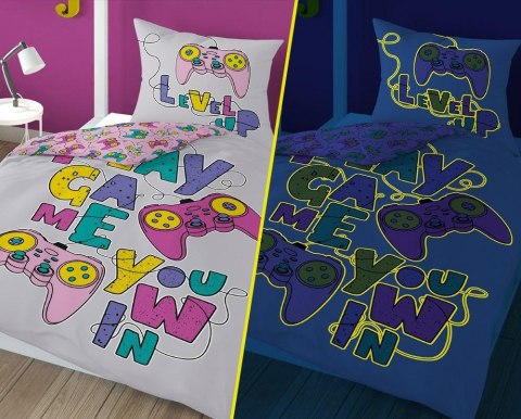 Pościel świecąca w ciemności 160x200 3585 B Game Over szara różowa 8620 level up pady bawełniana dla gracza młodzieżowa
