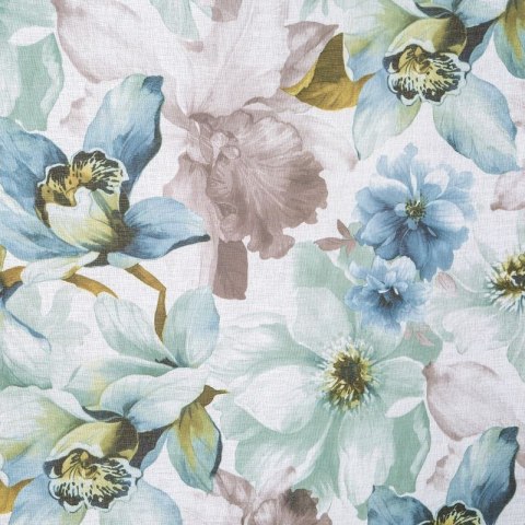 Zasłona 140x250 Bella biała niebieska z lekkiej etaminy dekorowana nadrukiem z kwiatowym gotowa na przelotkach Eurofirany