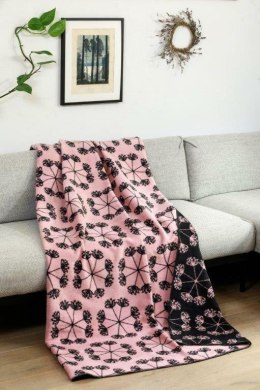 Koc bawełniany akrylowy 150x200 1706/1 dmuchawce różowy pudrowy grafitowy narzuta pled wykończony frędzlami