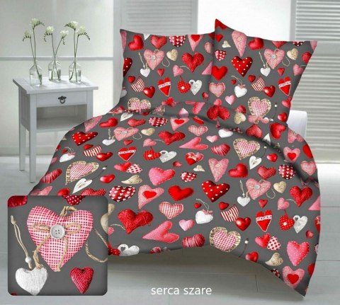 Pościel z kory 160x200 szara ciemna czerwona serca walentynkowa zapinana na guziki 100% bawełna
