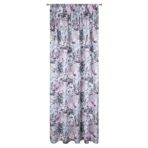 Zasłona 140x270 Honey beżowa fioletowa z kwiatowym nadrukiem z lekkiej półtransparentnej etaminy gotowa na taśmie Eurofirany