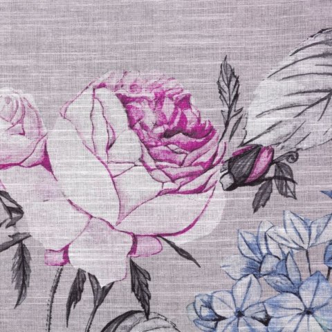 Zasłona 140x270 Honey beżowa fioletowa z kwiatowym nadrukiem z lekkiej półtransparentnej etaminy gotowa na taśmie Eurofirany