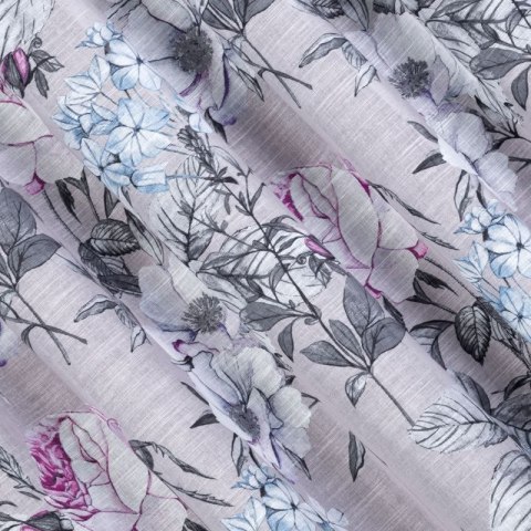 Zasłona 140x270 Honey beżowa fioletowa z kwiatowym nadrukiem z lekkiej półtransparentnej etaminy gotowa na taśmie Eurofirany