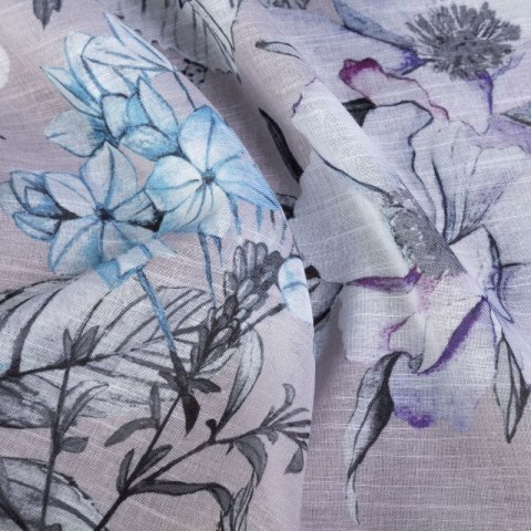 Zasłona 140x270 Honey beżowa fioletowa z kwiatowym nadrukiem z lekkiej półtransparentnej etaminy gotowa na taśmie Eurofirany