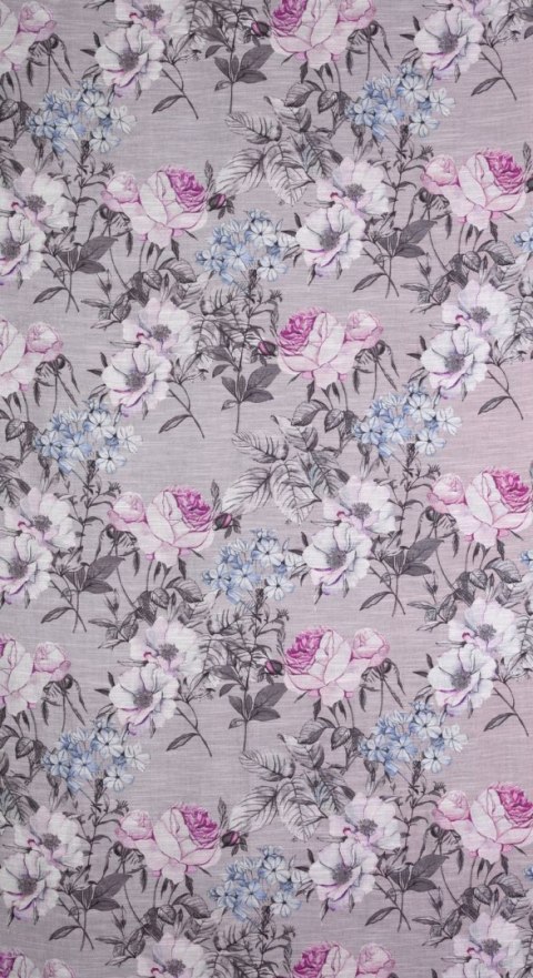 Zasłona 140x270 Honey beżowa fioletowa z kwiatowym nadrukiem z lekkiej półtransparentnej etaminy gotowa na taśmie Eurofirany