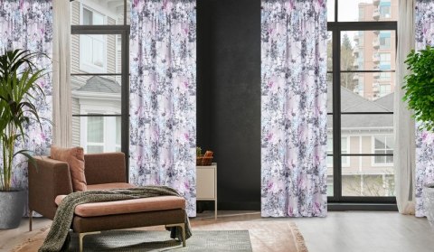 Zasłona 140x270 Honey beżowa fioletowa z kwiatowym nadrukiem z lekkiej półtransparentnej etaminy gotowa na taśmie Eurofirany