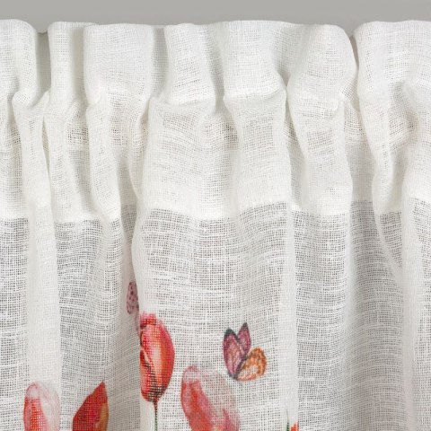 Zazdrostka 30x150 Stella biała czerwona gotowa na tunel wzór kwiatowy tulipany z matowej tkaniny z koronką Eurofirany
