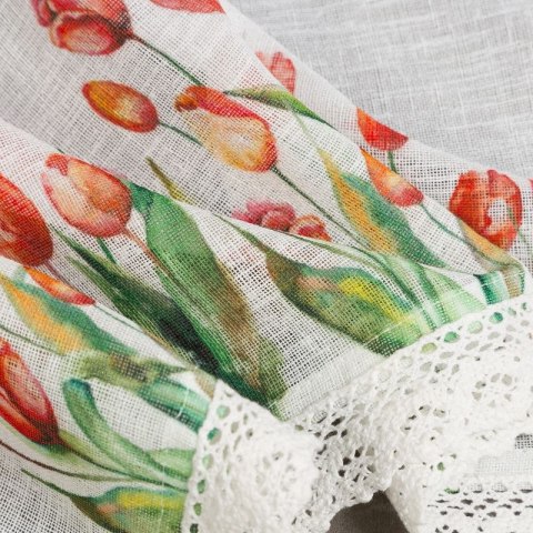 Zazdrostka 30x150 Stella biała czerwona gotowa na tunel wzór kwiatowy tulipany z matowej tkaniny z koronką Eurofirany