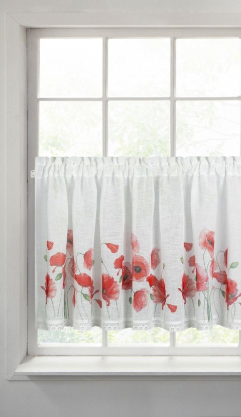 Zazdrostka 60x150 Mari biała czerwona gotowa na tunel wzór kwiatowy maki z matowej tkaniny z koronką Eurofirany