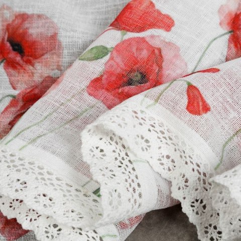 Zazdrostka 60x150 Mari biała czerwona gotowa na tunel wzór kwiatowy maki z matowej tkaniny z koronką Eurofirany