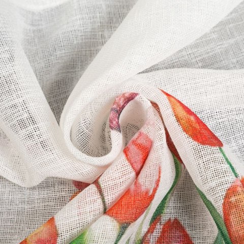 Zazdrostka 60x150 Stella biała czerwona gotowa na tunel wzór kwiatowy tulipany z matowej tkaniny z koronką Eurofirany