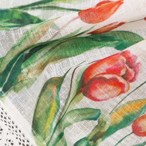 Zazdrostka 60x150 Stella biała czerwona gotowa na tunel wzór kwiatowy tulipany z matowej tkaniny z koronką Eurofirany