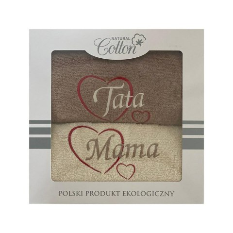 Komplet ręczników w pudełku 2 szt 50x100 Mama Tata kremowy beżowy serduszka