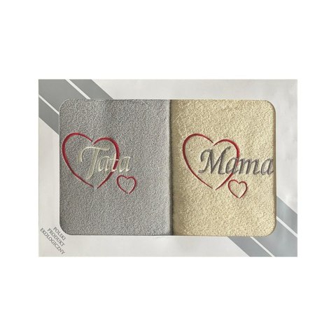 Komplet ręczników w pudełku 2 szt 50x100 Mama Tata kremowy szary jasny serduszka