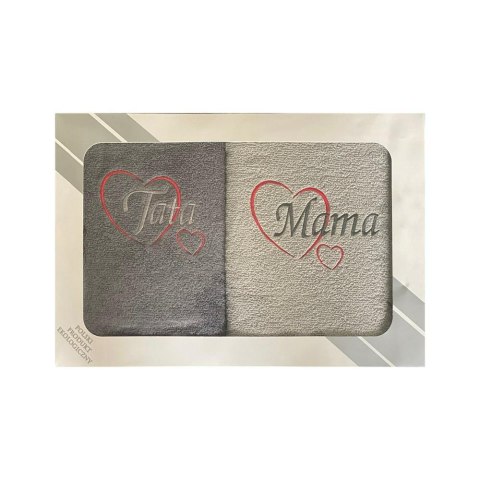 Komplet ręczników w pudełku 2 szt 50x100 Mama Tata szary jasny grafitowy serduszka