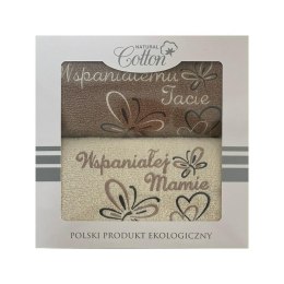 Komplet ręczników w pudełku 2 szt 50x100 Wspaniałej Mamie Wspaniałemu Tacie kremowy beżowy serduszka motylki