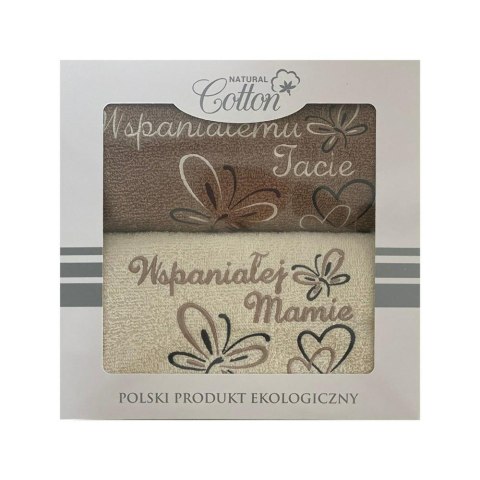 Komplet ręczników w pudełku 2 szt 50x100 Wspaniałej Mamie Wspaniałemu Tacie kremowy beżowy serduszka motylki